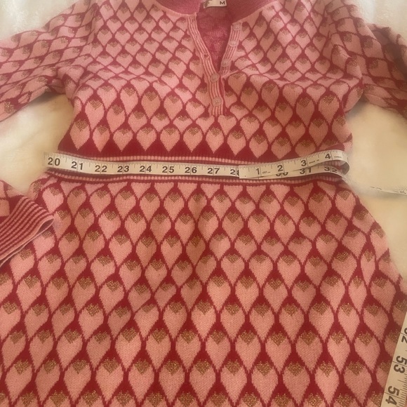 M sweater dress red pink gold hearts a-line fitted tapered feminine small ? - Picture 6 of 10